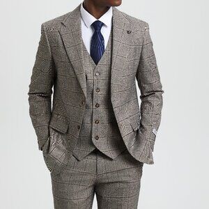 Light Brown Plaid Peak Lapel 3 Piece Stacy Adams Men's Suit